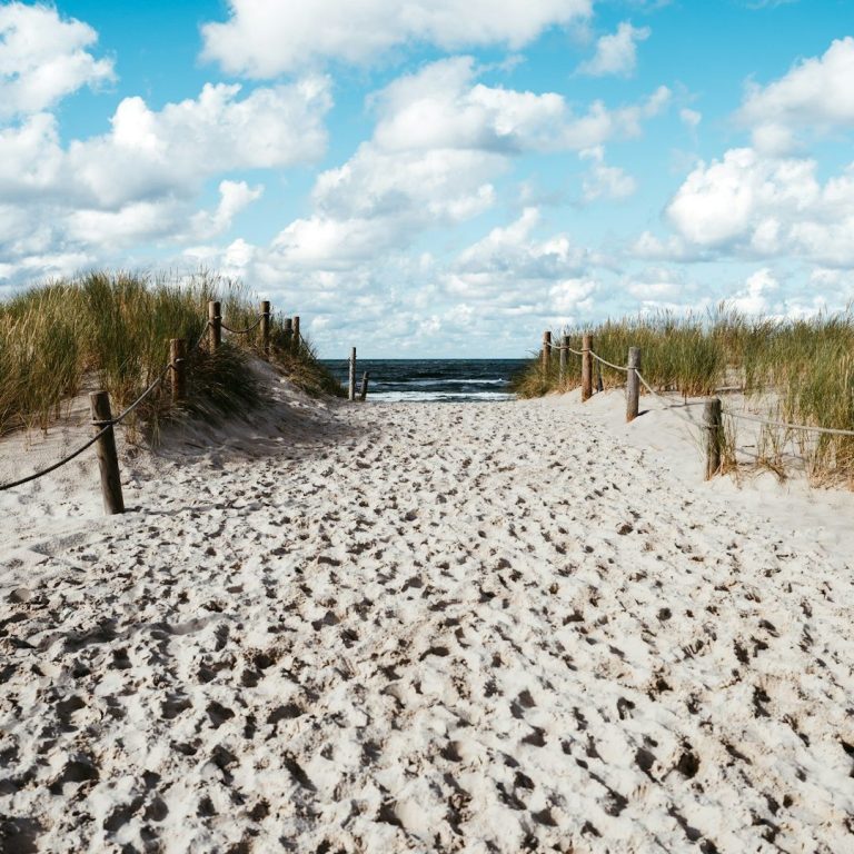 Insel Poel Sandweg zwischen Dünen führt zum Meer unter einem bewölkten Himmel.