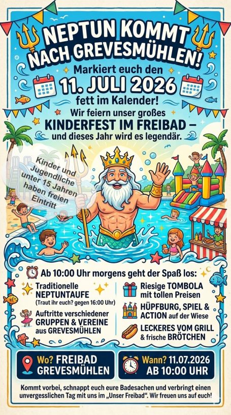 Plakat für das Kinderfest „Neptun kommt nach Grevesmühlen“ am 11. Juli 2024.