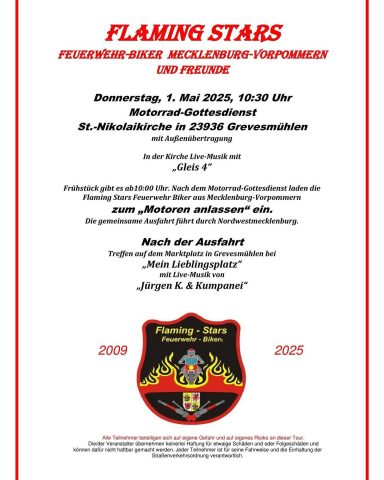Motorad-Gottesdienst der Flaming Stars in Grevesmühlen Ein Veranstaltungsplakat für "Flaming Stars" mit Informationen zu Datum, Uhrzeit und Ort.