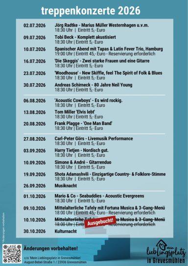 Treppenkonzerte Mein Lieblingplatz Grevesmühlen Eine Übersicht der Treppenkonzerte 2026 mit Terminen und Künstlern.