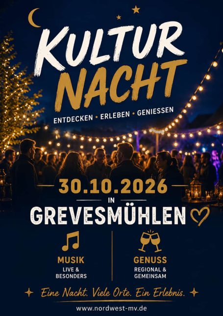 Plakat zur Kulturnacht am 30.10.2026 in Grevesmühlen mit Musik und Genuss.