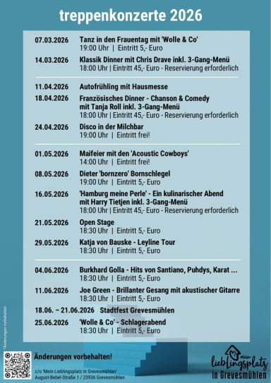 Treppenkonzerte Mein Lieblingplatz Grevesmühlen Plakat für Treppen-Konzerte 2026 mit Terminen und Künstlern.