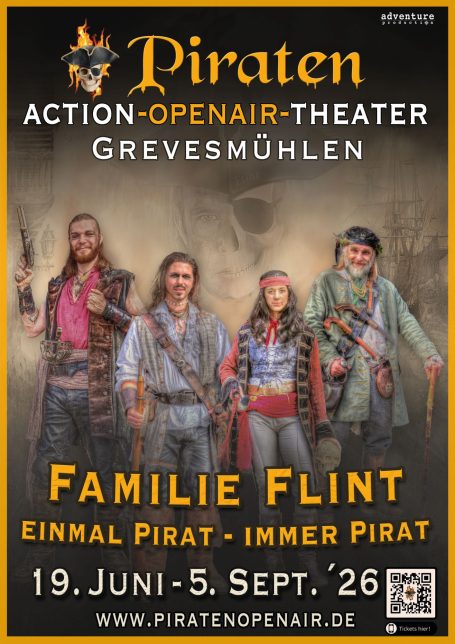 Plakat für das Action-Open-Air-Theater Piraten mit der Familie Flint und Veranstaltungsterminen.