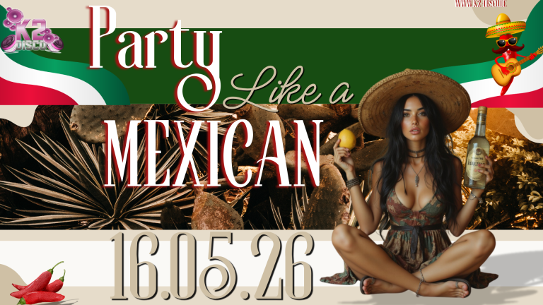 16.5.2026 K2 Grevesmühlen Party Mexcan Frau mit Sonnenhut und Getränken, umgeben von festlicher Dekoration, Ankündigung einer Mexiko-Party.