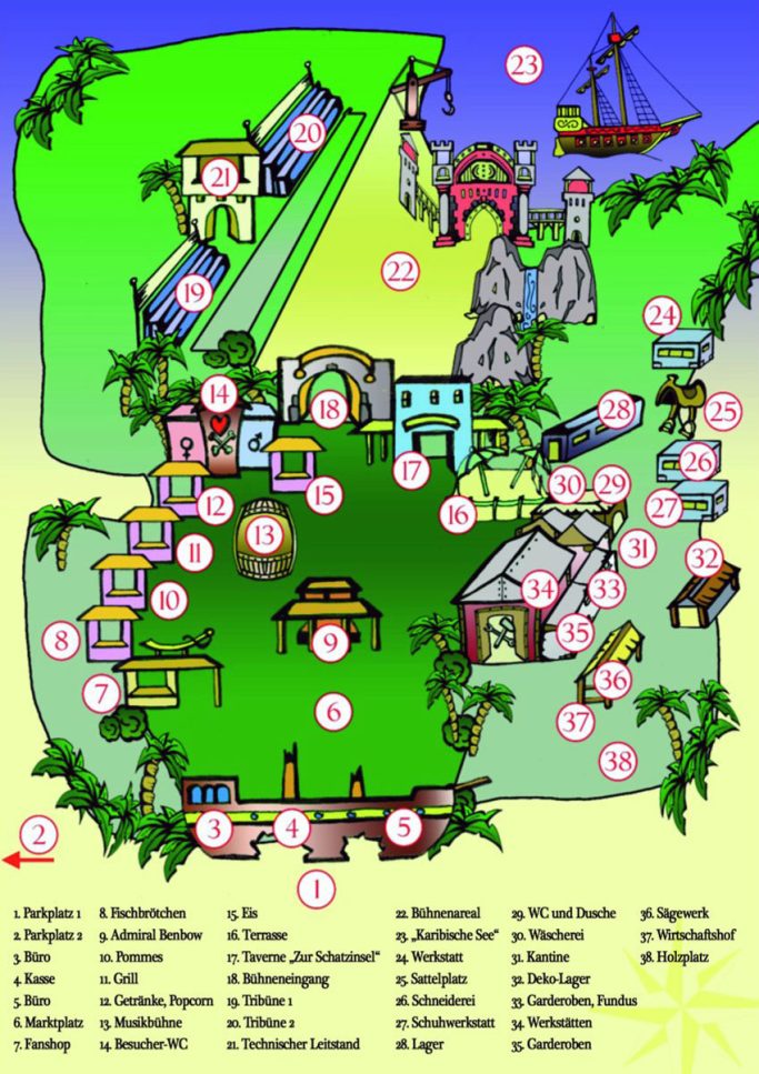Das Theatergelände in Grevesmühlen Karte eines Inselgebiets mit markierten Orten und einer Illustration eines Schiffes.