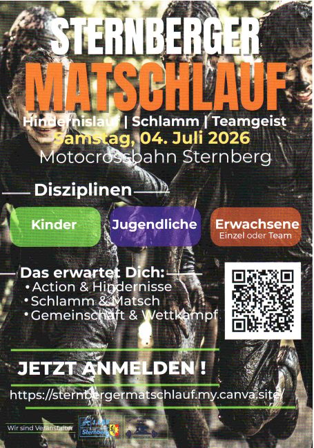 Plakat für den Sternberger Matschlauf mit Details zu Disziplinen und Anmeldemöglichkeiten.