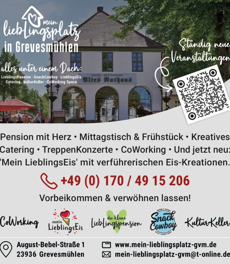 Mein Lieblingsplatz in Grevesmühlen Haus mit vier Logos: Snack-Cowboy, Janny's, Co-Working Space, Kultur Keller.