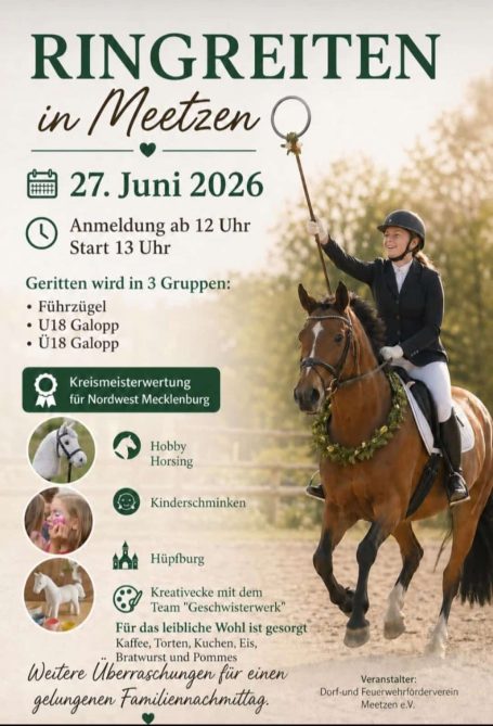 Ein Pferd mit Reiterin in Reitkleidung, Veranstaltungsdetails für ein Reitturnier.