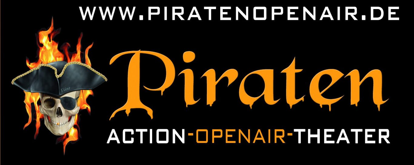 Die aktuelle Saison des Piraten Action-Open-Air-Theaters Grevesmühlen läuft vom 19. Juni bis zum 5. September 2026. Logo des Piraten Action-Openair-Theaters mit Totenkopf und Flammenelementen.