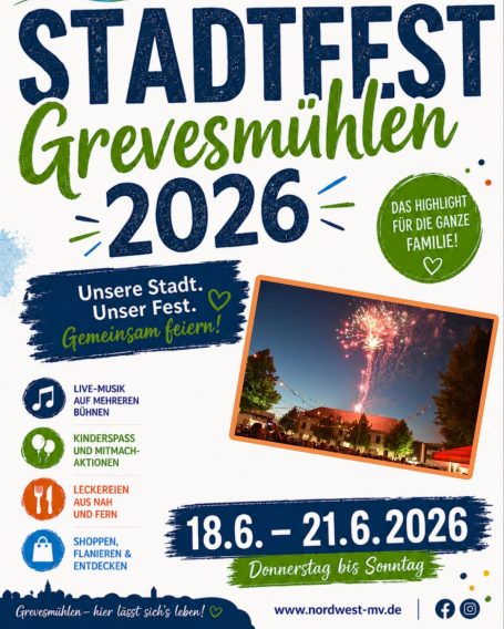 Stadtfest Grevesmühlen 2026, 18. bis 21. Juni, mit Feuerwerk und Veranstaltungsinformationen.