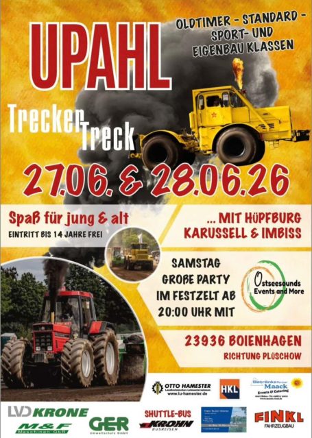 Plakat für das Upahl Truckertreffen am 27. und 28. Juni mit Attraktionen und Karussell.